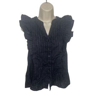 DOE & RAE Women's Size Small Black Silver Striped Blouse Button Up Ruffle Detail